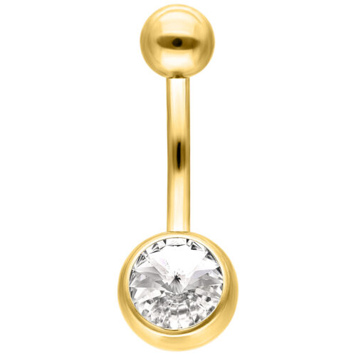 Goldenes Bauchnabel Piercing mit klarem Kristall auf weißem Hintergrund