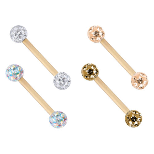 Vier goldene Titan Barbells mit kristallbesetzten Kugeln in verschiedenen Farben auf weißem Hintergrund