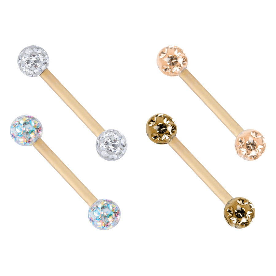 Goldene Titan Piercing Barbells mit Kristallen Vier goldene Titan Barbells mit kristallbesetzten Kugeln in verschiedenen Farben auf weißem Hintergrund