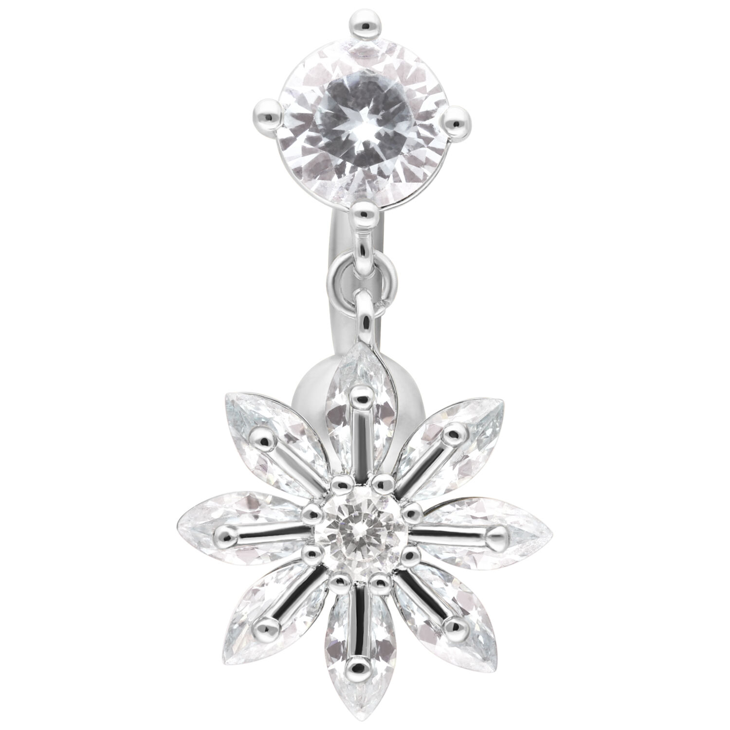 Silbernes Blumen-Bauchnabelpiercing mit Kristall Silbernes Bananabell-Piercing mit Blumenanhänger und klarem Kristall auf weißem Hintergrund