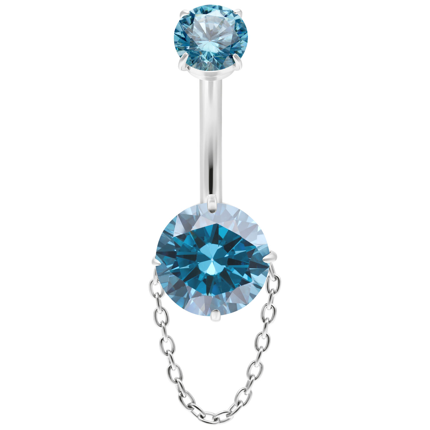 Türkis Kristall Bananabell mit Kette Bauchnabelpiercing mit türkisfarbenen Kristallen und Kette, auf weißem Hintergrund