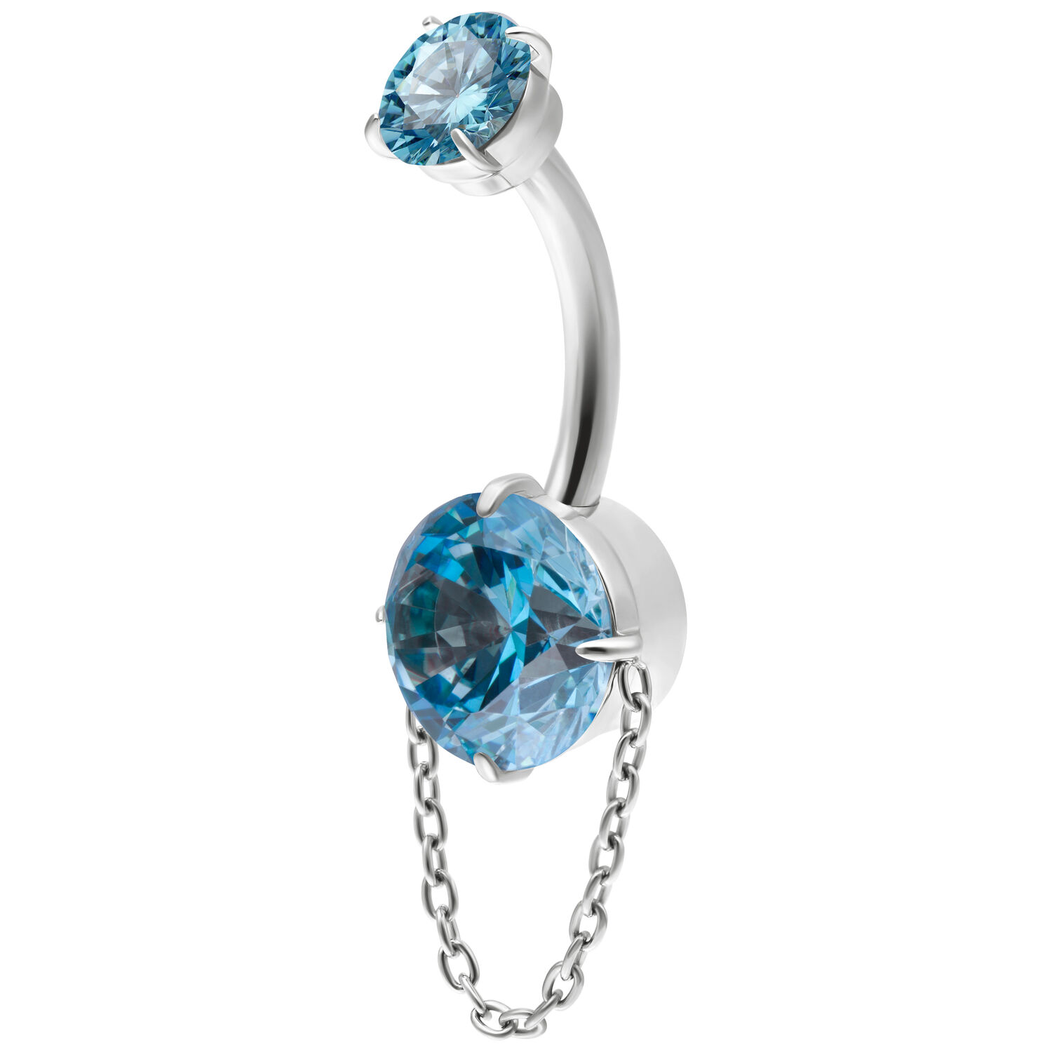 Bauchnabelpiercing mit Türkisen Kristallen Bauchnabelpiercing mit zwei türkisfarbenen Kristallen und einer Kette, in einem geschwungenen Design auf weißem Hintergrund