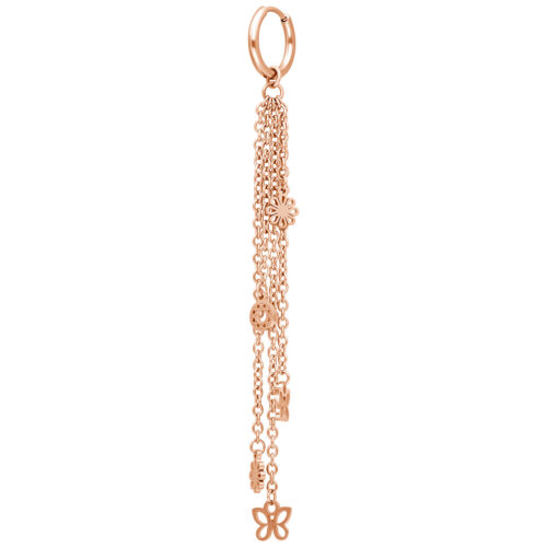 Roségoldene Ohrkette mit mehreren Kettensträngen und kleinen Anhängern, an einem Klappverschluss befestigt, vor weißem Hintergrund