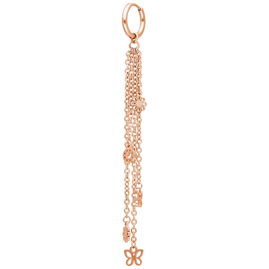 Roségoldene Ohrkette mit mehreren Kettensträngen und kleinen Anhängern, an einem Klappverschluss befestigt, vor weißem Hintergrund