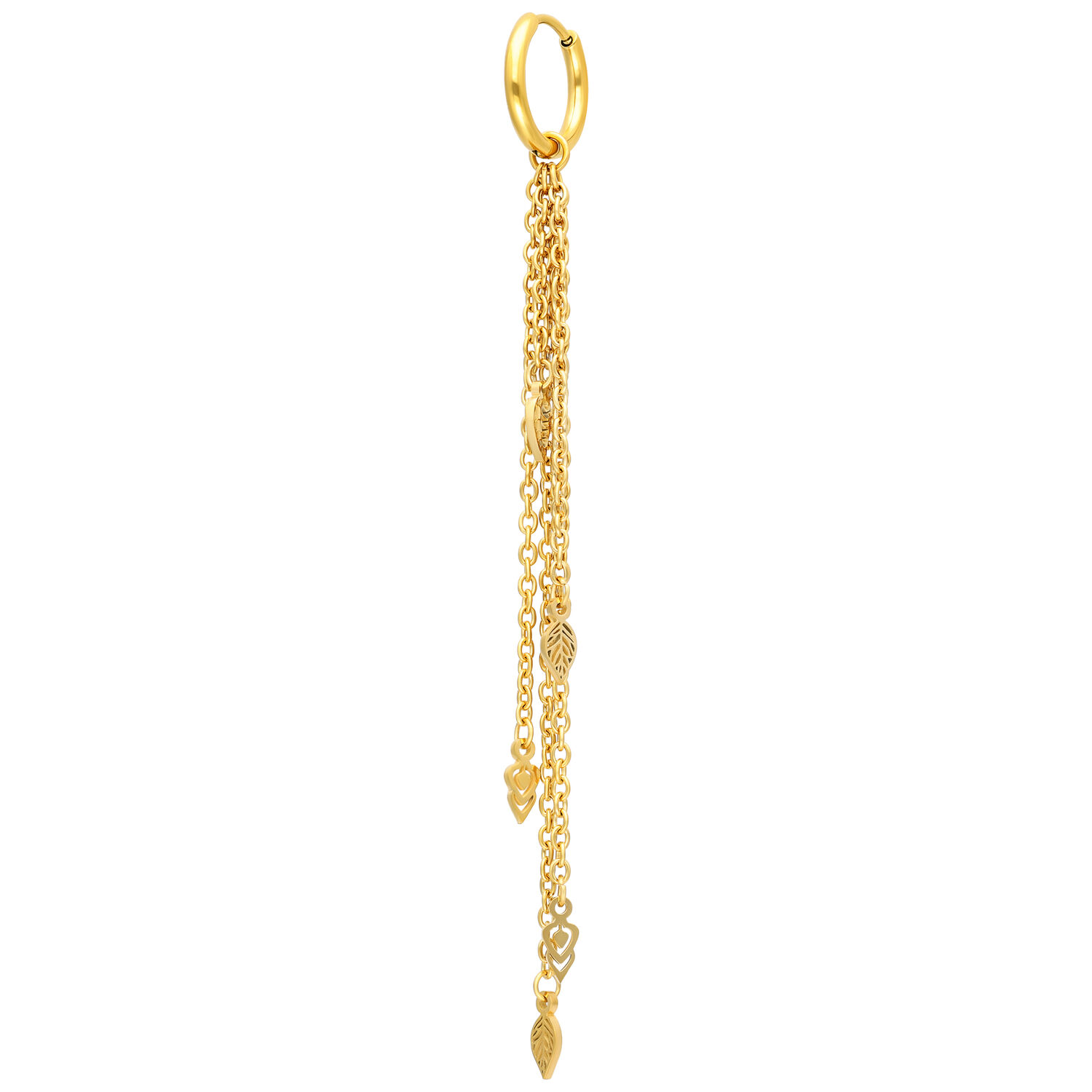 Goldene Ohrringe mit langen Ketten Goldene Ohrringe mit langen, hängenden Ketten und Blattanhängern vor weißem Hintergrund
