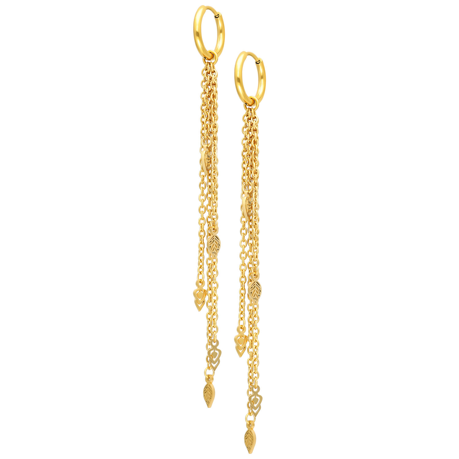 Goldene Ohrringe mit langen Kettenanhängern Goldene Ohrringe mit langen, feinen Kettenanhängern, auf weißem Hintergrund
