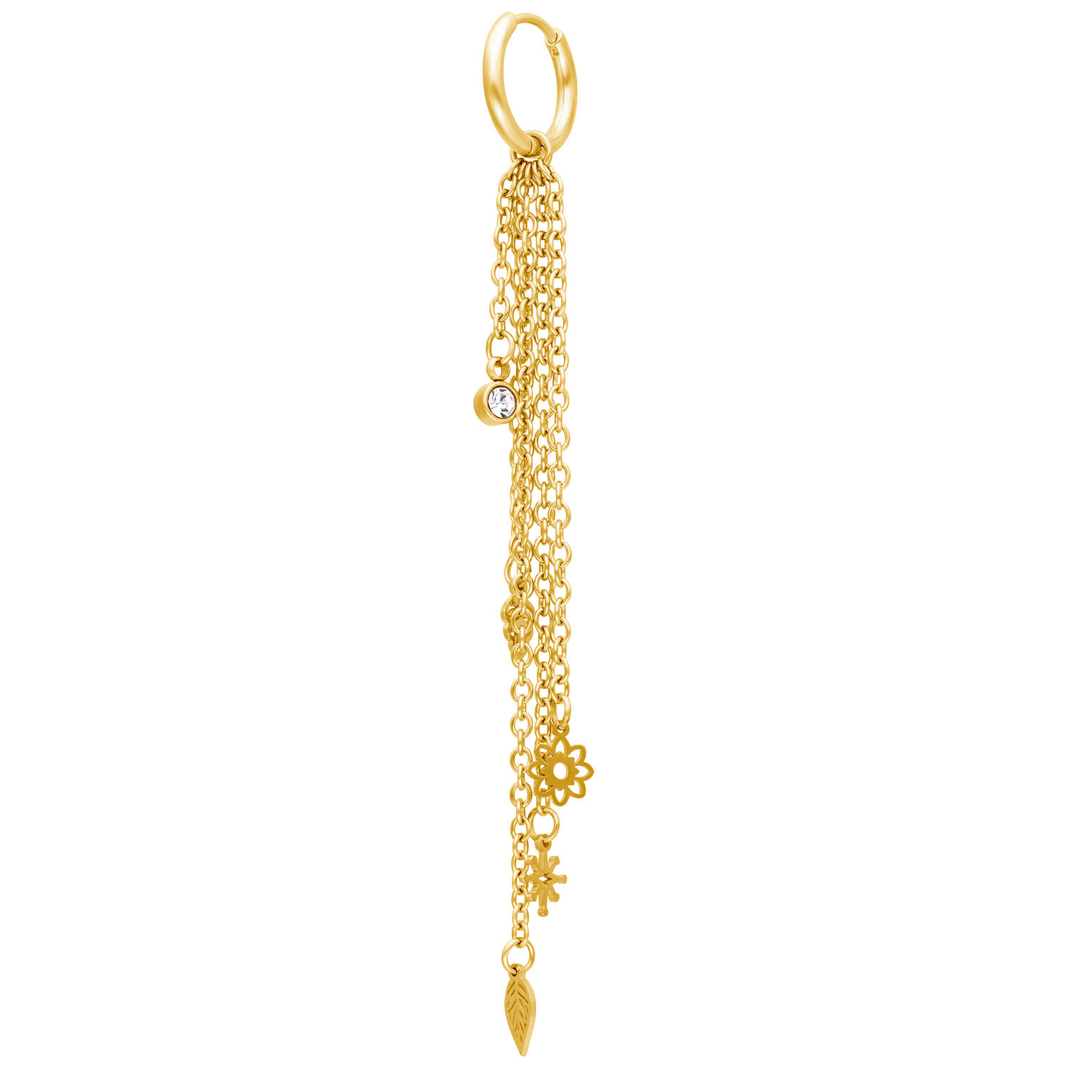 Goldene Boho Creolen mit Anhängern Goldene Creole mit mehreren Ketten und Anhängern, freigestellt