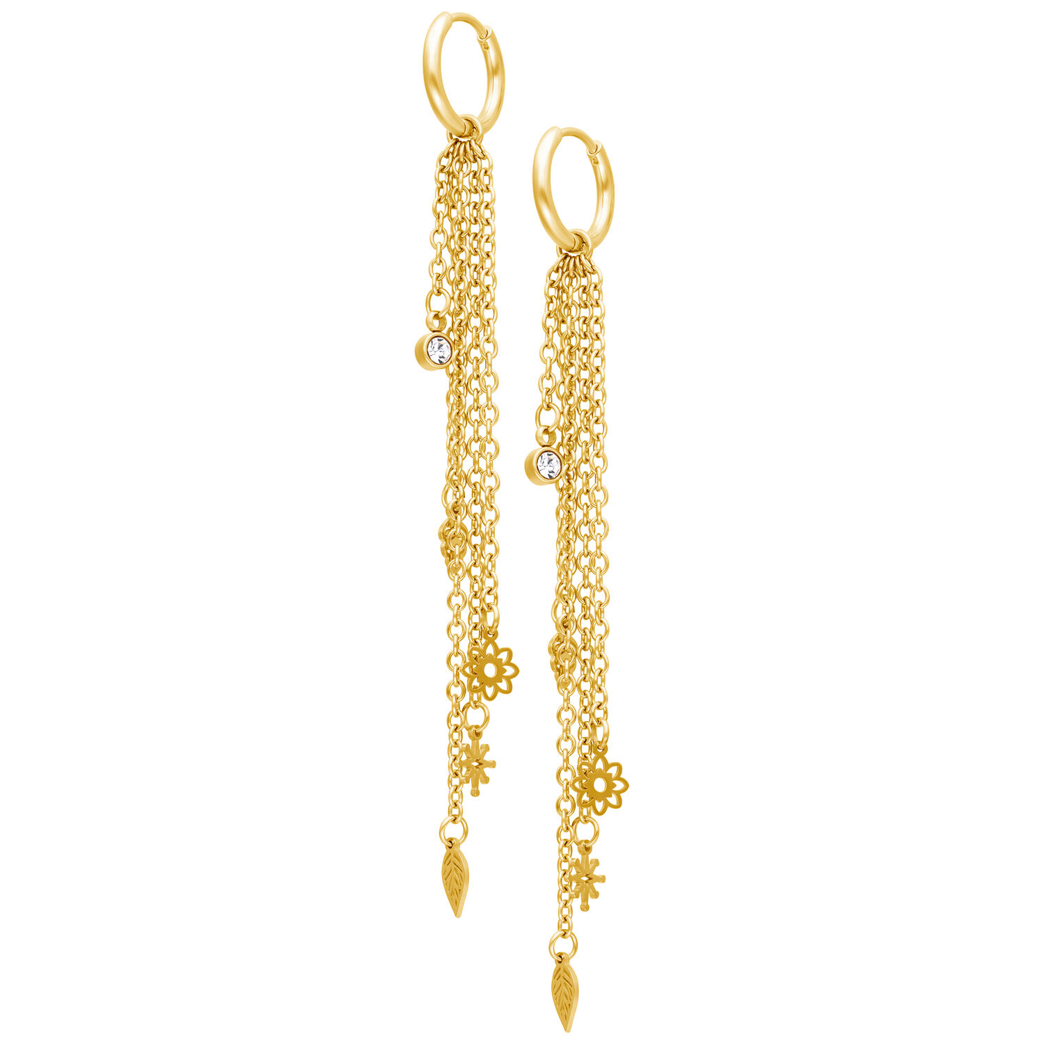 Goldene Boho-Ohrringe mit Kettenanhänger Lange goldene Ohrringe mit Kettenanhängern und Blumenmotiven auf weißem Hintergrund