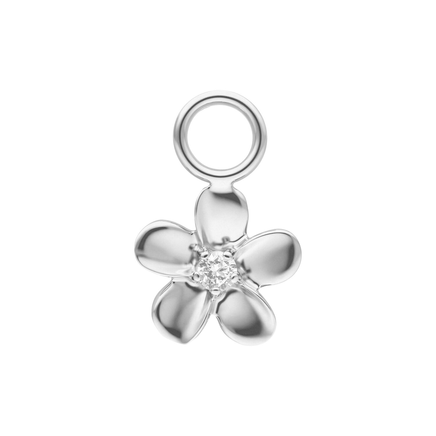 Silberner Blumen-Piercing-Anhänger Silberner Blumenanhänger mit fünf Blütenblättern und einem Ring oben auf weißem Hintergrund