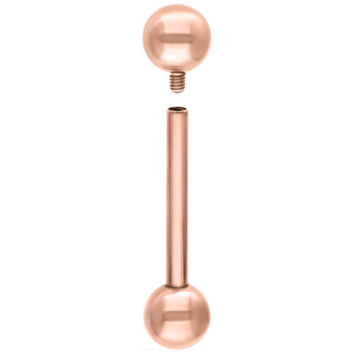 Roségoldenes Mikro Barbell mit zwei Kugeln, eine abnehmbar, vor weißem Hintergrund
