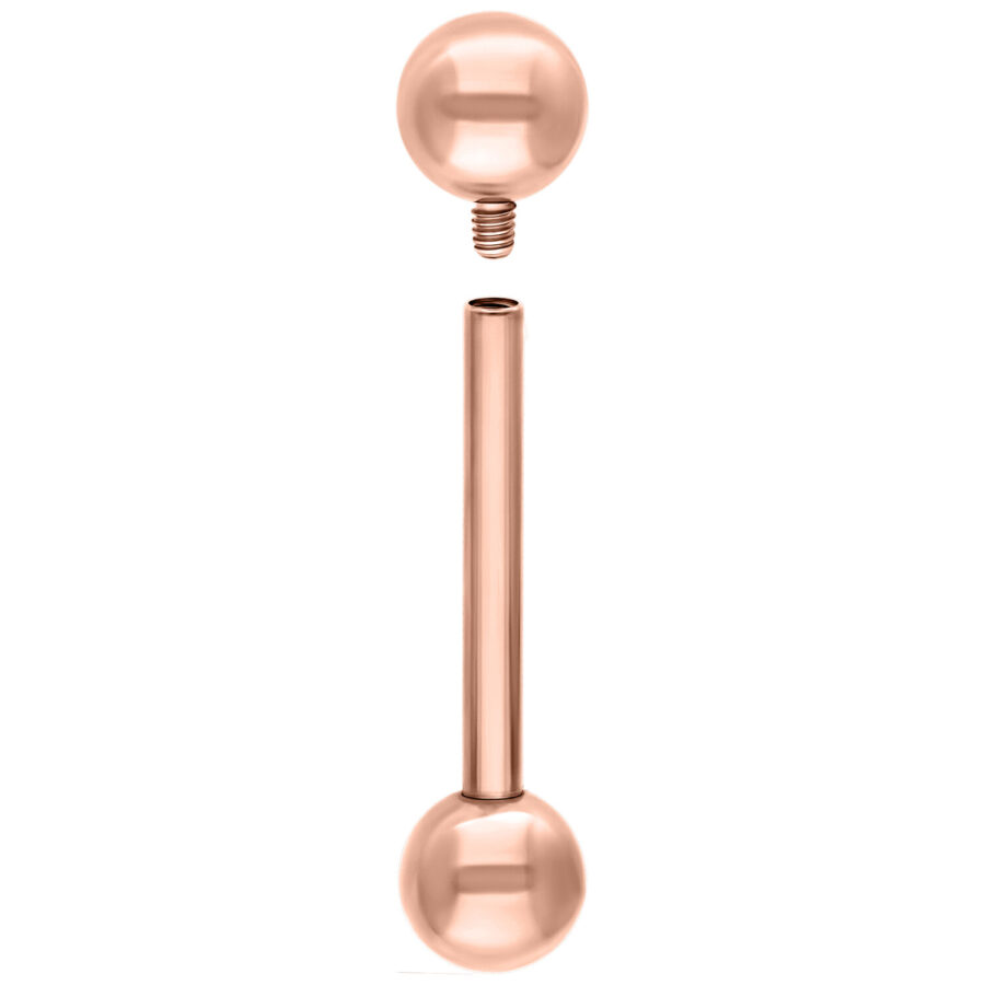 Roségoldenes Mikro Barbell mit zwei Kugeln, eine abnehmbar, vor weißem Hintergrund