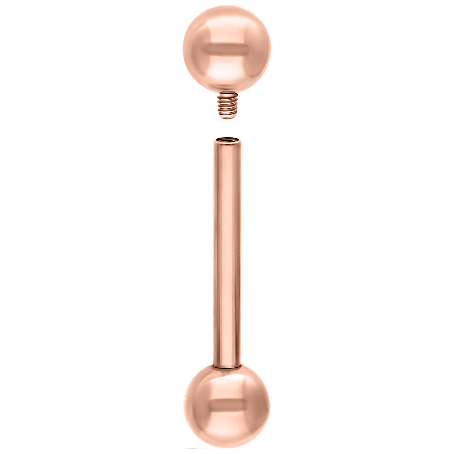 Roségold Titan Mikro Barbell 1,2 mm Roségoldenes Mikro Barbell mit zwei Kugeln, eine abnehmbar, vor weißem Hintergrund