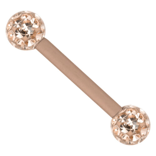 Rosévergoldeter Barbell mit funkelnden Kristallkugeln auf weißem Hintergrund