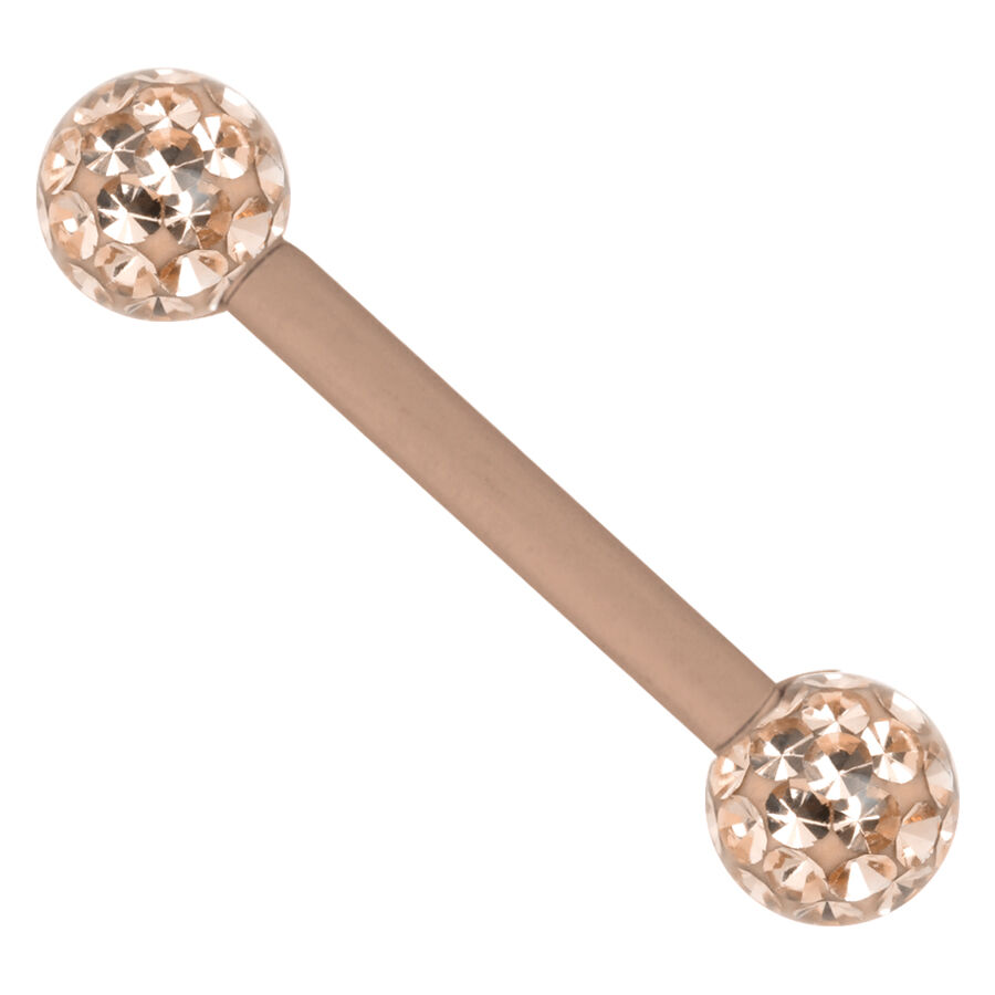 Rosévergoldeter Barbell mit Kristallkugeln Rosévergoldeter Barbell mit funkelnden Kristallkugeln auf weißem Hintergrund