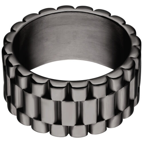 Breiter schwarzer Ring aus Chirurgenstahl mit geriffeltem Design auf weißem Hintergrund