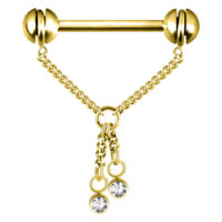 Goldenes Nippel Barbell mit zwei Ketten und klaren Kristallen, Länge 12,0 mm