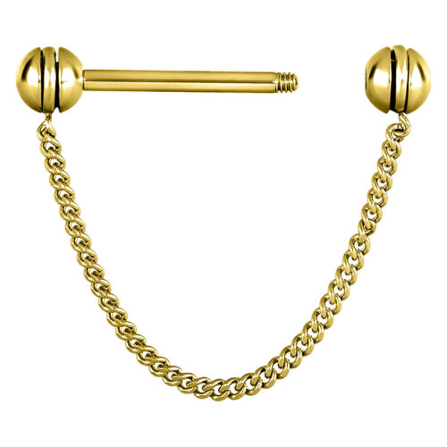 Goldene Nippelkette mit zwei Kugeln und Kette auf weißem Hintergrund