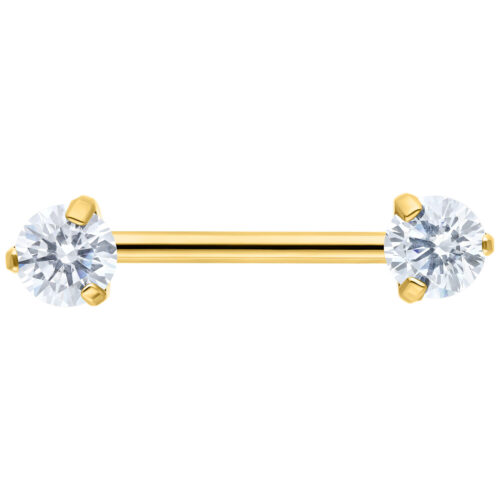 Goldenes Barbell-Piercing mit zwei klaren Kristallen auf weißem Hintergrund