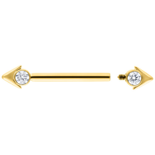 Goldener Nippel Barbell mit Pfeilspitzen und Zirkoniasteinen auf weißem Hintergrund