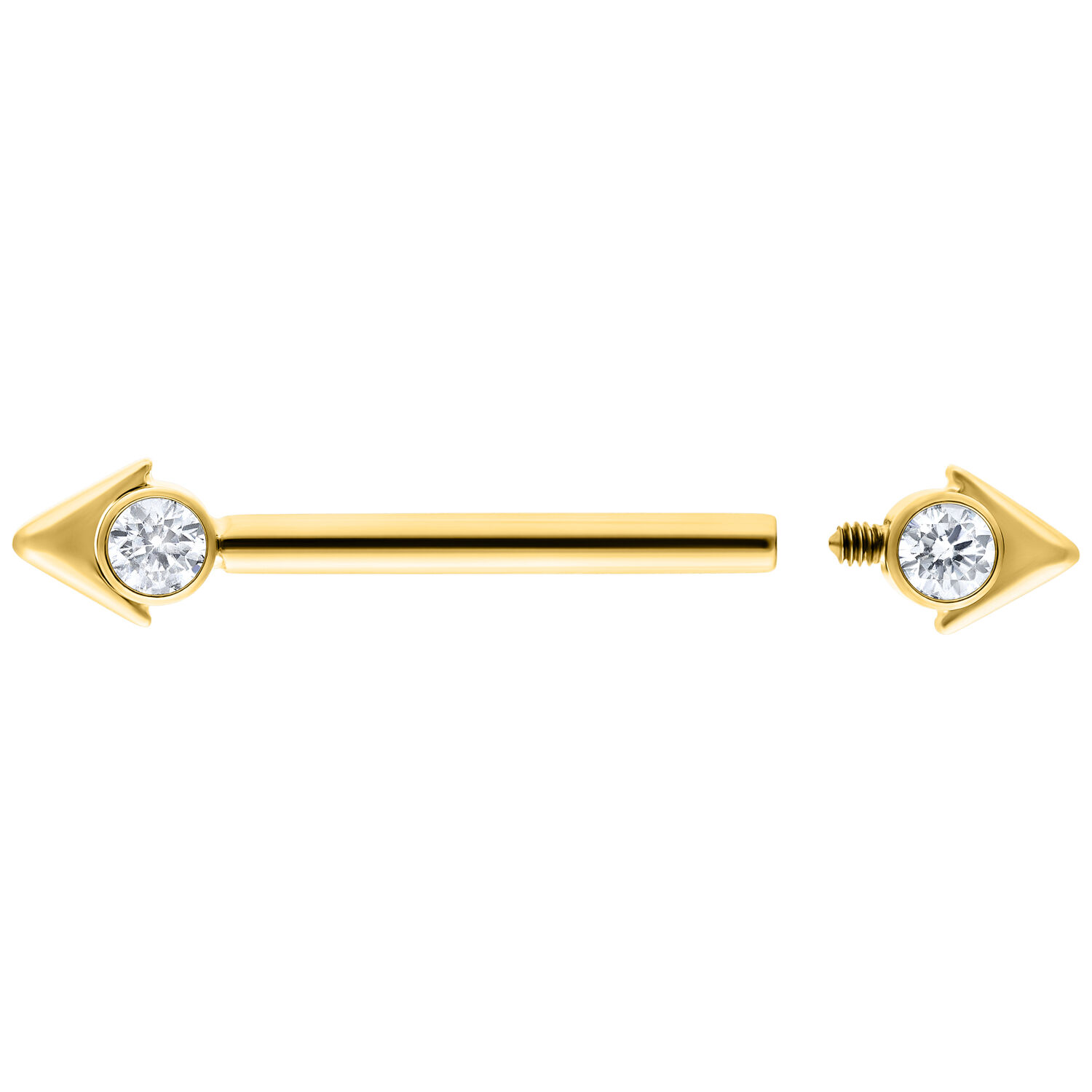 Goldener Pfeilspitzen Nippel Barbell Goldener Nippel Barbell mit Pfeilspitzen und Zirkoniasteinen auf weißem Hintergrund