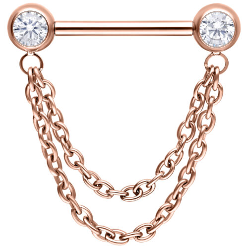 Roségoldener Barbell mit zwei Ketten und Kristallakzenten auf weißem Hintergrund