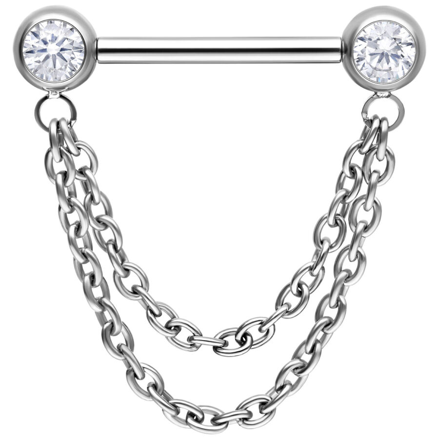 Silbernes Barbell mit zwei Ketten und Zirkonia-Enden, 16,0 mm