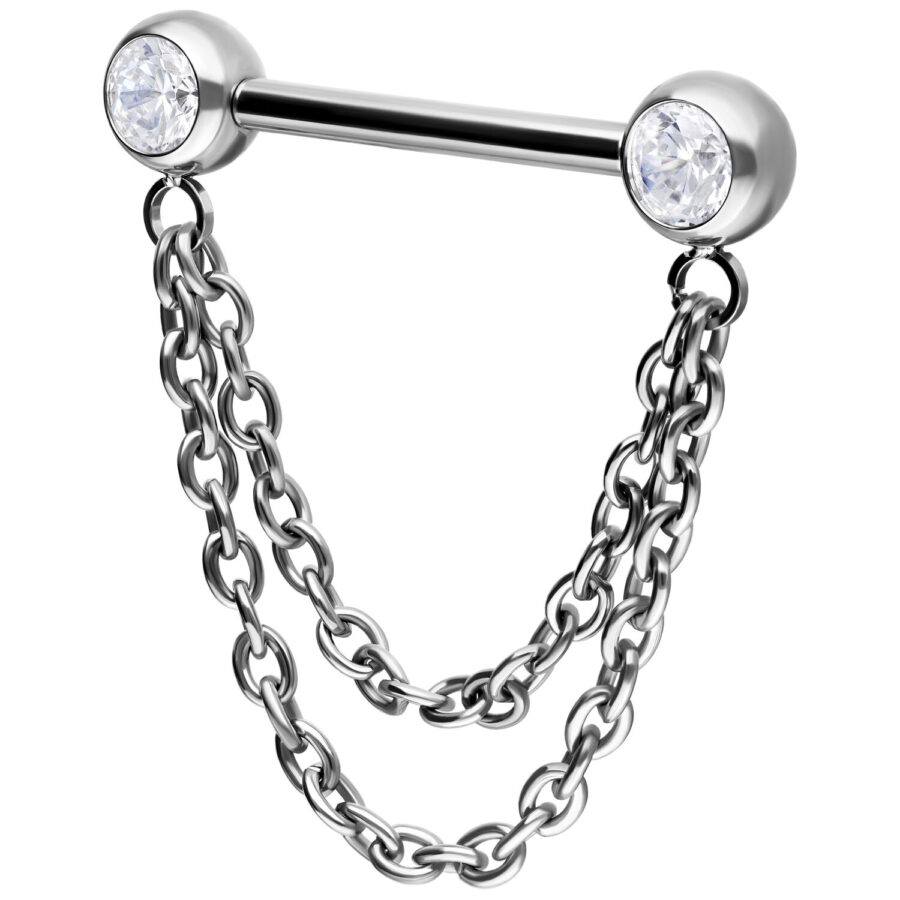 Silberner Barbell mit zwei Ketten und Kristallen auf weißem Hintergrund