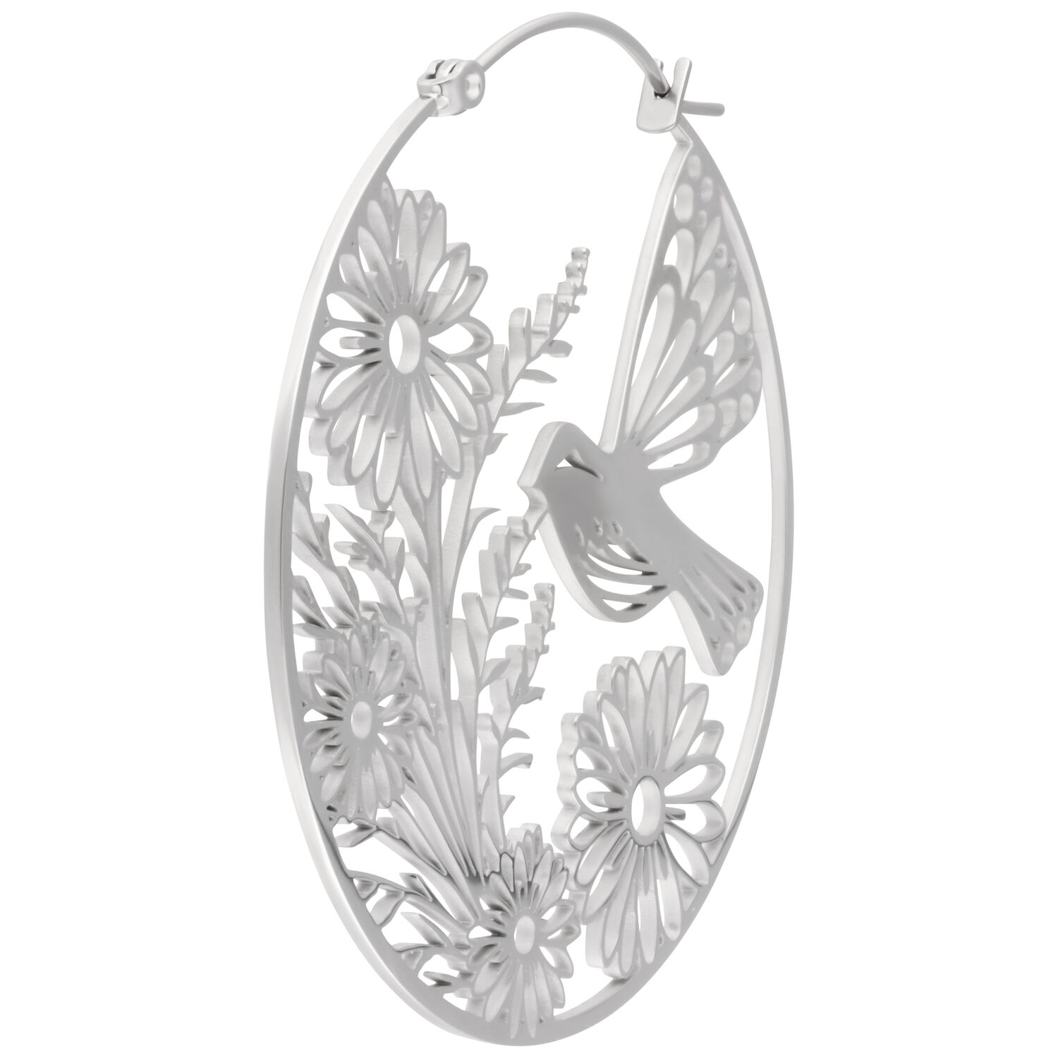Silberne Summerbird Ohrringe aus Stahl Silberne Ohrringe mit Blumen- und Vogelmotiv, glänzend poliert