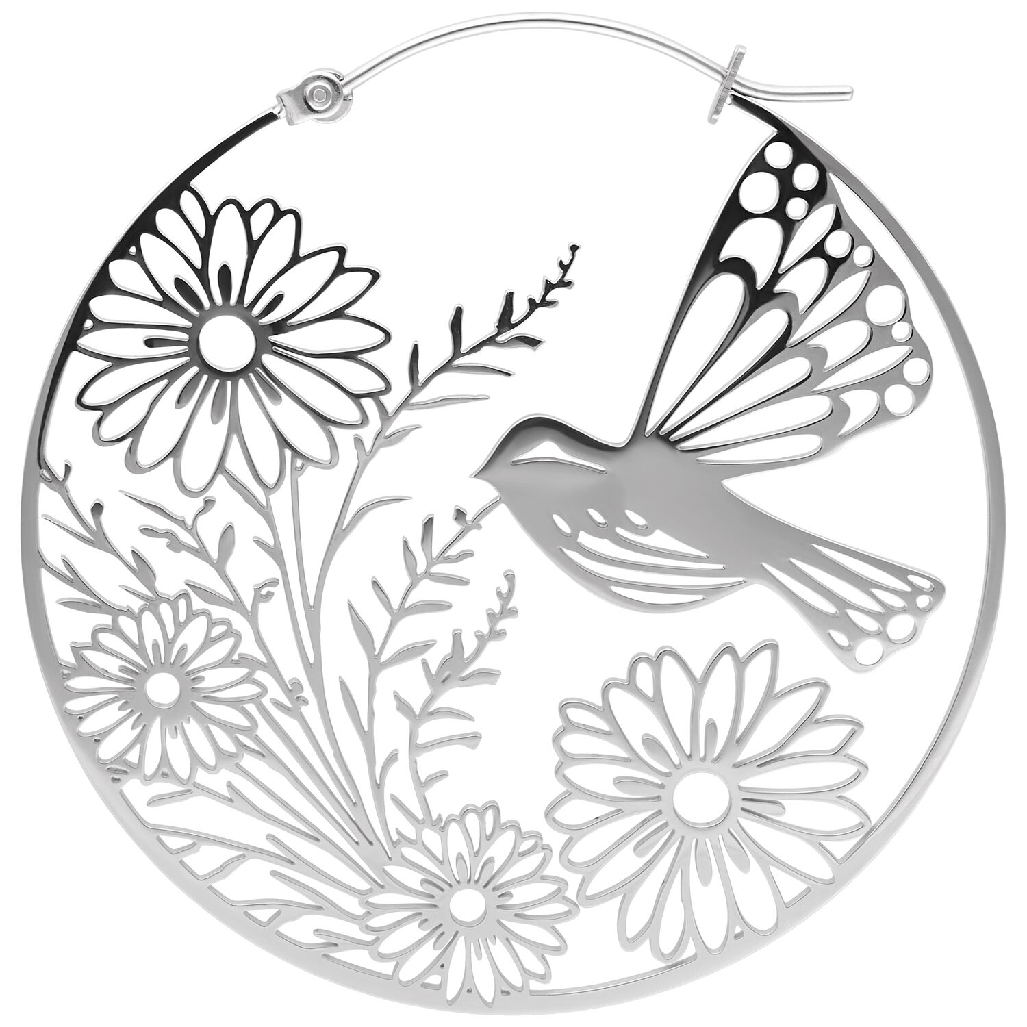 Silberne Ohrringe mit Vogel- und Blumenmotiv Silberne runde Ohrringe mit filigranem Vogel und Blumen auf weißem Hintergrund