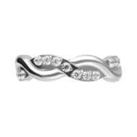 Kristallklarer Wellen-Ring aus Titan Silberner Ring mit wellenförmigem Design, besetzt mit klaren Kristallen, auf weißem Hintergrund