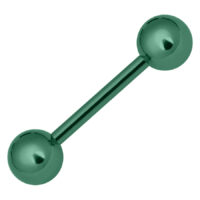 Hell-grünes Barbell Piercing 1,6 mm Hell-grünes metallisches Barbell mit zwei Kugeln auf weißem Hintergrund
