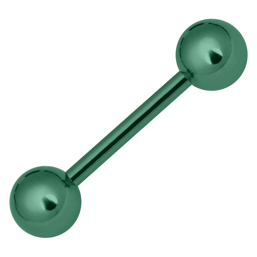 Hell-grünes Barbell Piercing 1,6 mm Hell-grünes metallisches Barbell mit zwei Kugeln auf weißem Hintergrund