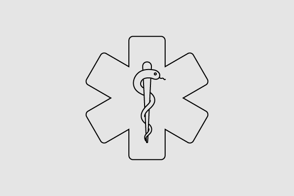 Schwarzes medizinisches Symbol mit Äskulapstab und Schlange auf grauem Hintergrund