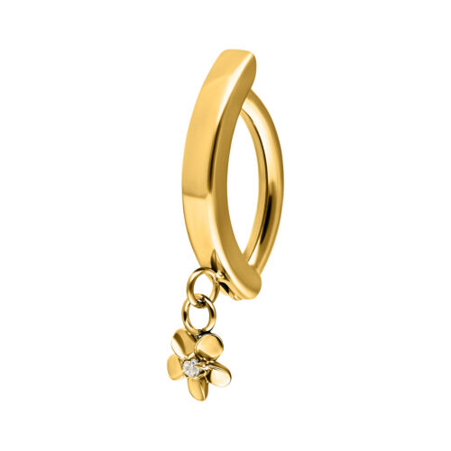 Goldener Bauchnabelring mit Blütenanhänger und Kristall auf weißem Hintergrund