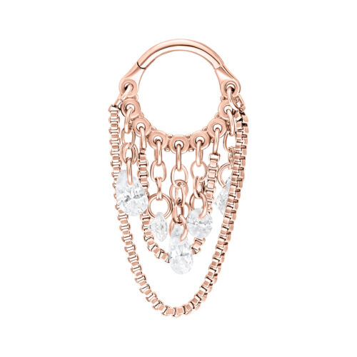 Roségoldener Piercing-Clicker mit klaren Kristallen, Ketten und Schlangenmuster auf weißem Hintergrund