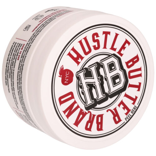 Runde Dose Hustle Butter Deluxe mit rotem und schwarzem Logo, weißer Hintergrund