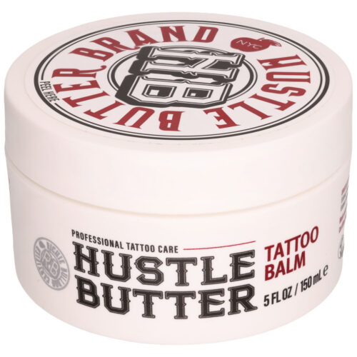 Runde weiße Dose Hustle Butter Deluxe Tattoo Balm mit roter und schwarzer Schrift