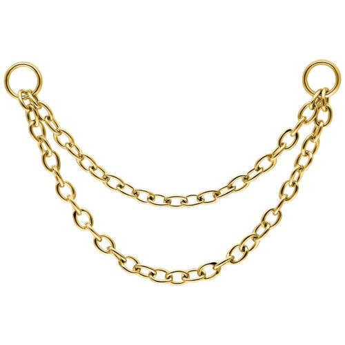 Zwei goldene Ketten verbunden mit Ringen auf weißem Hintergrund