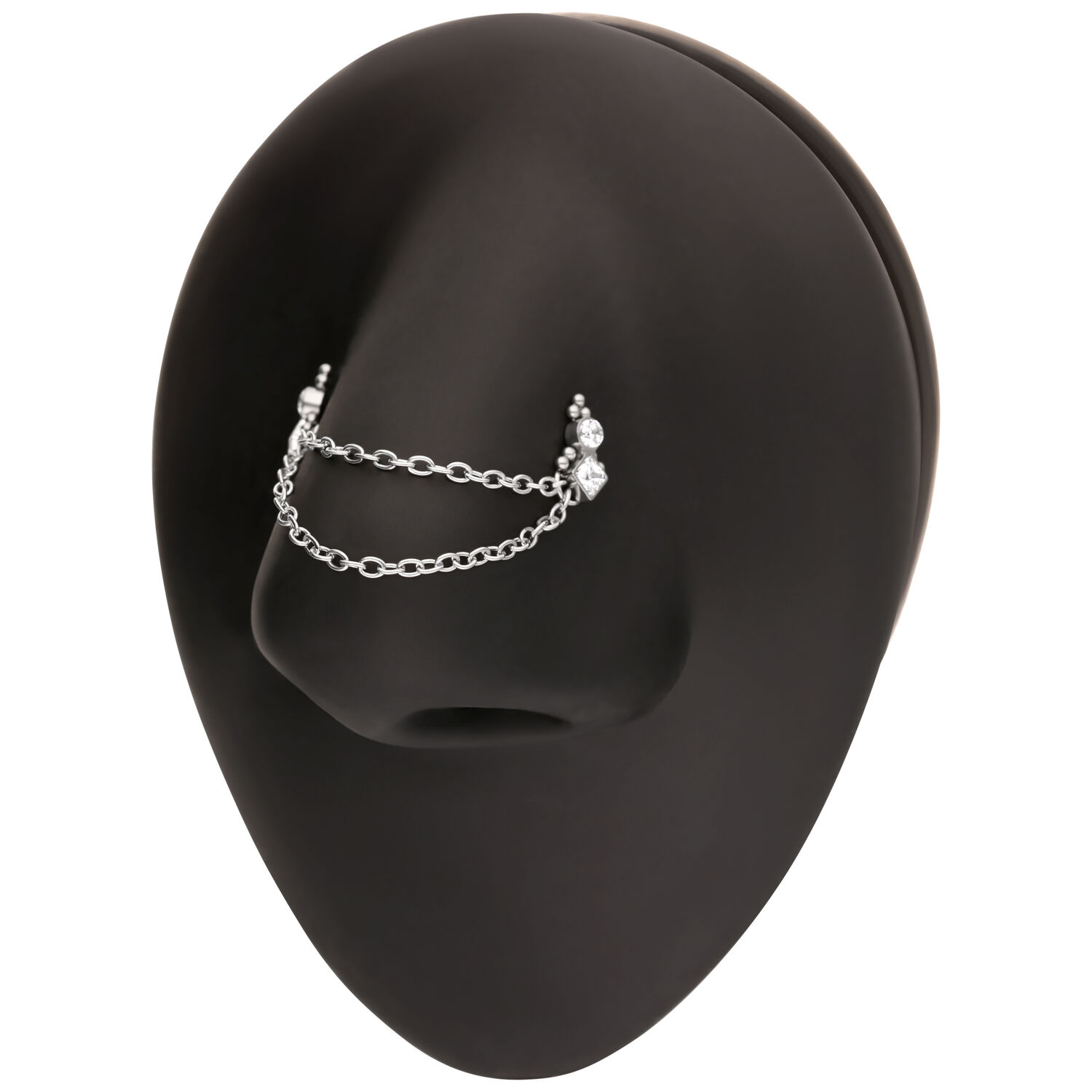 Silberne Ketten-Piercing für Nase Silberne Piercingkette mit Kugeln auf schwarzem Displaykopf