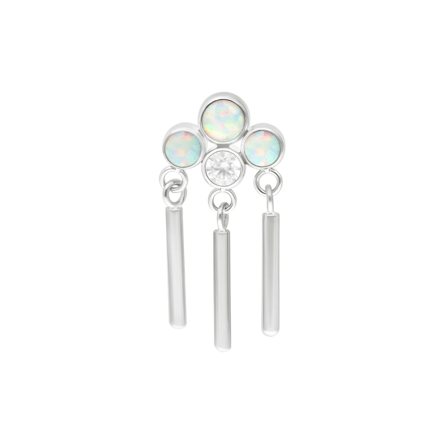 Weißgold Opal Kronenaufsatz Piercing Weißgoldener Kronenaufsatz mit synthetischem Opal und drei hängenden Stäben auf weißem Hintergrund