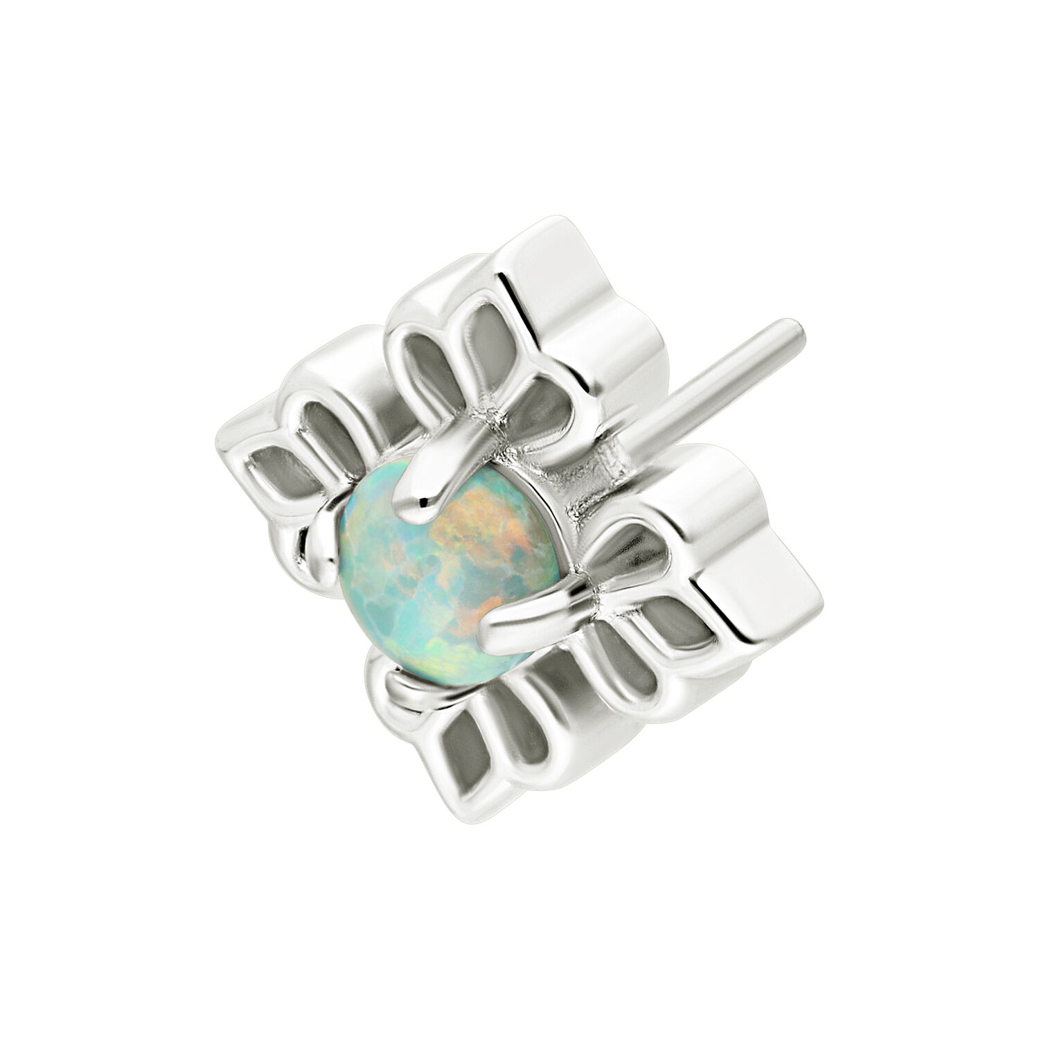 Weißgold Opal Blume Push Fit Aufsatz Weißgoldener Blumenaufsatz mit synthetischem Opal in der Mitte auf weißem Hintergrund