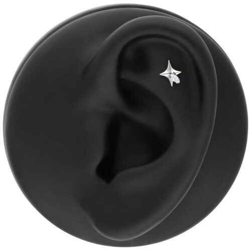 Silberner Stern-Piercing mit klarem Kristall an einem schwarzen Ohrmodell