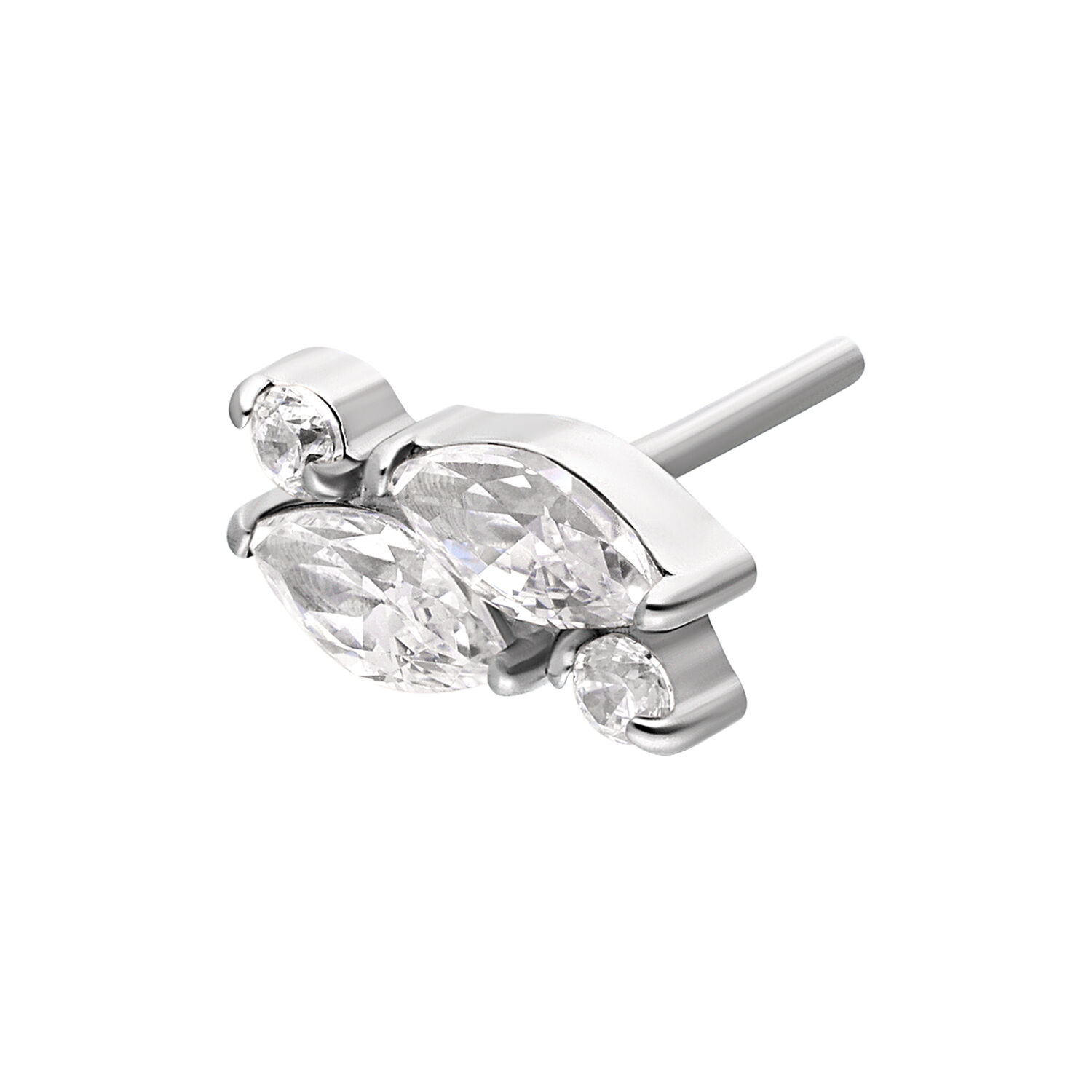 Silberner Ovaler Kristall-Piercing-Aufsatz Silberner Piercing-Aufsatz mit ovalem, klarem Kristall auf weißem Hintergrund