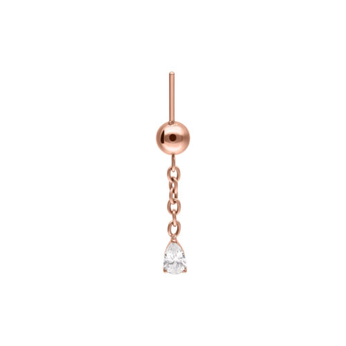 Roségoldener Piercing Aufsatz mit hängendem klaren Kristall, weißer Hintergrund