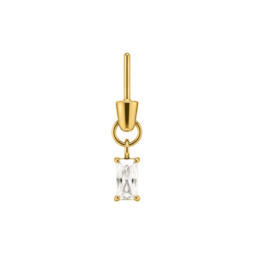 Goldener Piercingaufsatz mit rechteckigem Kristall vor weißem Hintergrund
