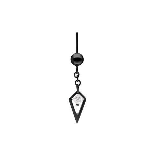 Schwarzer Rook Piercing Aufsatz mit Kristall in einem schwarzen geometrischen Rahmen auf weißem Hintergrund