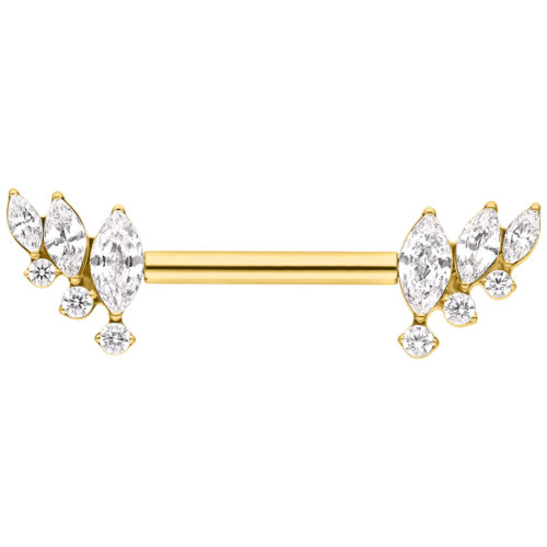 Goldenes Barbell mit Kristallflügeln, Länge 12 mm, auf weißem Hintergrund