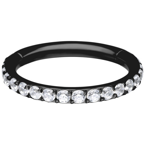 Schwarzer Piercingring mit klaren Kristallen, 14 mm Durchmesser, auf weißem Hintergrund