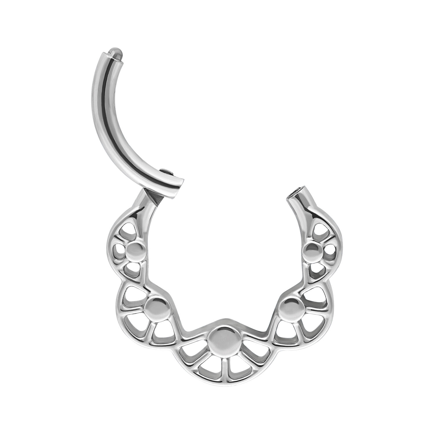 Silberner Bubble Plate Clicker Silberner Septum Clicker mit kreisförmigen Mustern auf weißem Hintergrund