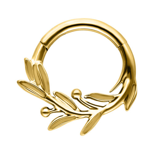 Goldener Septum Clicker in Form eines Olivenzweigs auf weißem Hintergrund